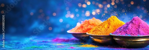Vibrant Holi Color Powders in Bowls on Deep Blue Background for Festive Celebration Banners
