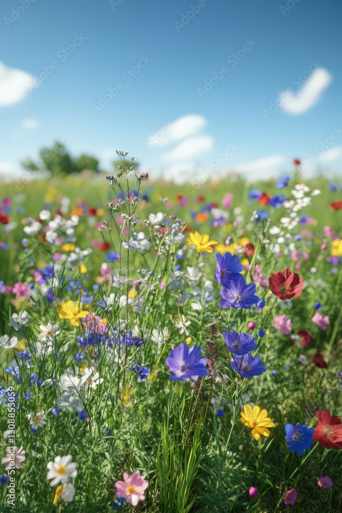 Vibrant wildflowers bloom under a clear blue sky in spring Vibrant wildflowers bloom under a clear blue sky in spring