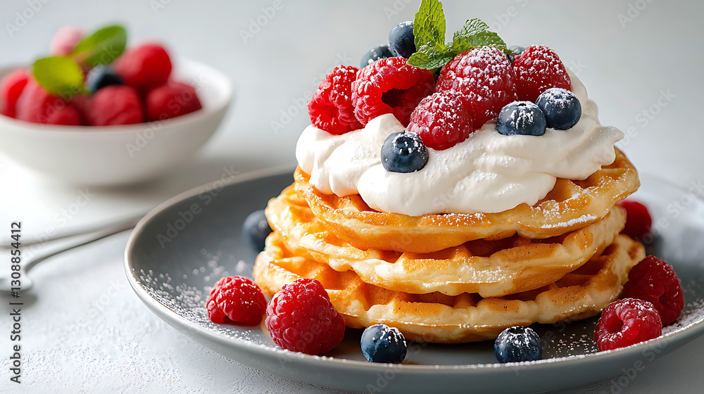 Luxury Waffle Stack with Creamy Filling and High Piled Berry Topping on Elegant Serving Plate Luxury Waffle Stack with Creamy Filling and High Piled Berry Topping on Elegant Serving Plate