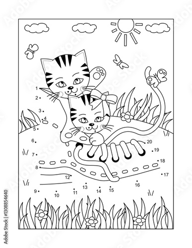 Cute playful kittens in old boot dot-to-dot game and coloring page.
