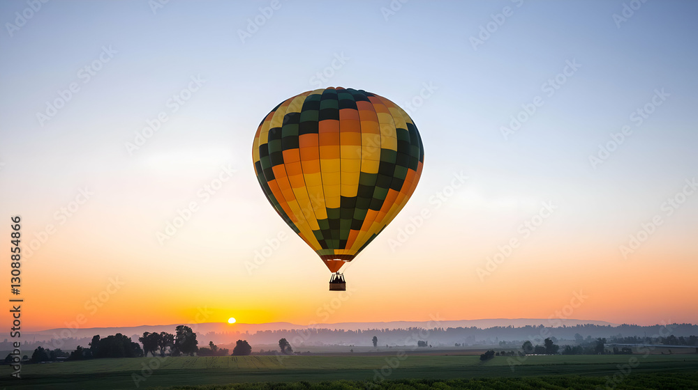 Obraz premium Colorful Hot Air Balloon Floating Above Fields During A Vibrant Sunrise