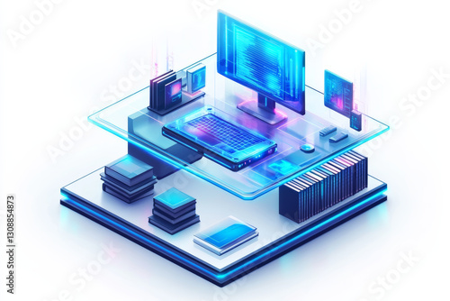 modern digital workspace featuring laptop, monitor, and books, showcasing technology and organization. vibrant colors create futuristic atmosphere