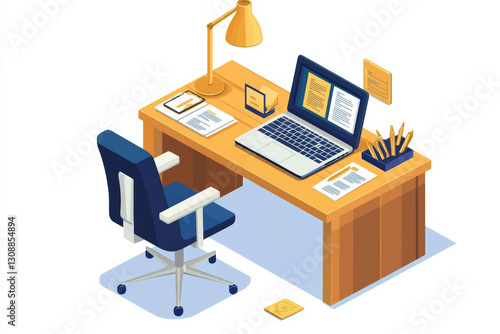 modern workspace featuring wooden desk, laptop, and office supplies, creating productive atmosphere. blue chair adds comfort to setup