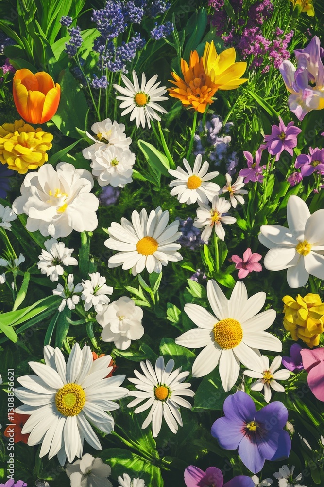 Fototapeta premium Colorful flower garden blooming in bright sunlight