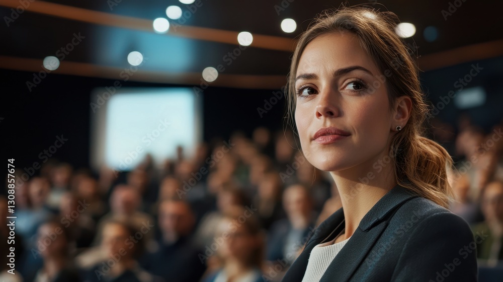 Obraz premium A woman with a focused expression listens closely as a speaker engages an audience in a modern auditorium filled with attendees, showcasing a moment of interest and engagement