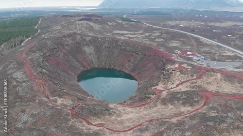 aerial footage of kerid rainwater crater lake in iceland