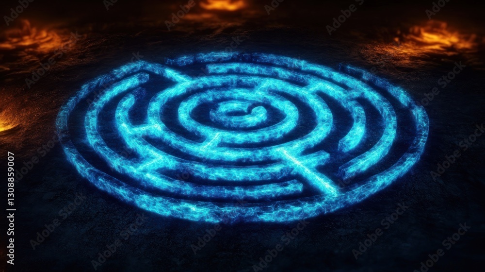Ancient, glowing, circular maze etched in stone, surrounded by fire Ancient, glowing, circular maze etched in stone, surrounded by fire