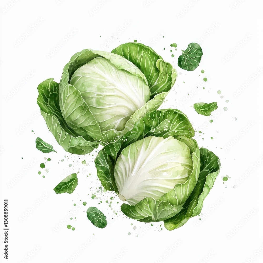 Obraz premium Watercolor splash of cabbage, isolated on a white background.