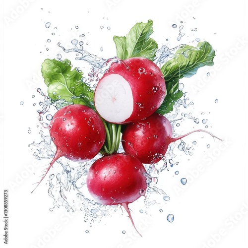Watercolor splash of radishes, isolated on a white background.