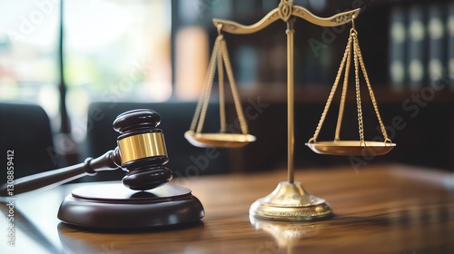 Closeup of a barrister s wig and gavel on a desk, symbols of law and justice photo