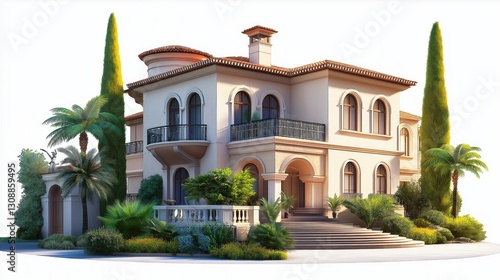 Mansion with pool isolated on white background.