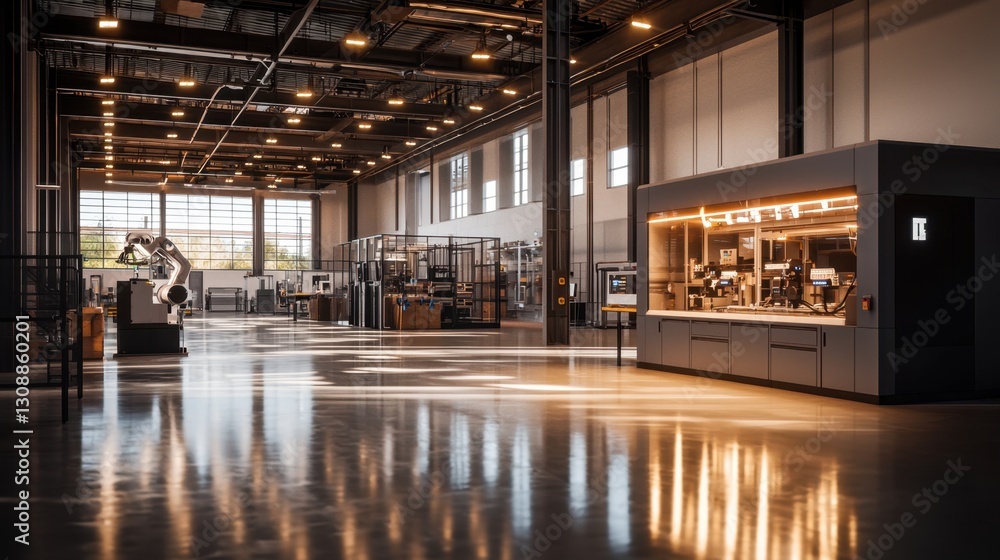 Fototapeta premium A spacious production facility showcases automated machinery and robotic arms working efficiently in a well-lit environment. The space emphasizes innovation and technological advancement