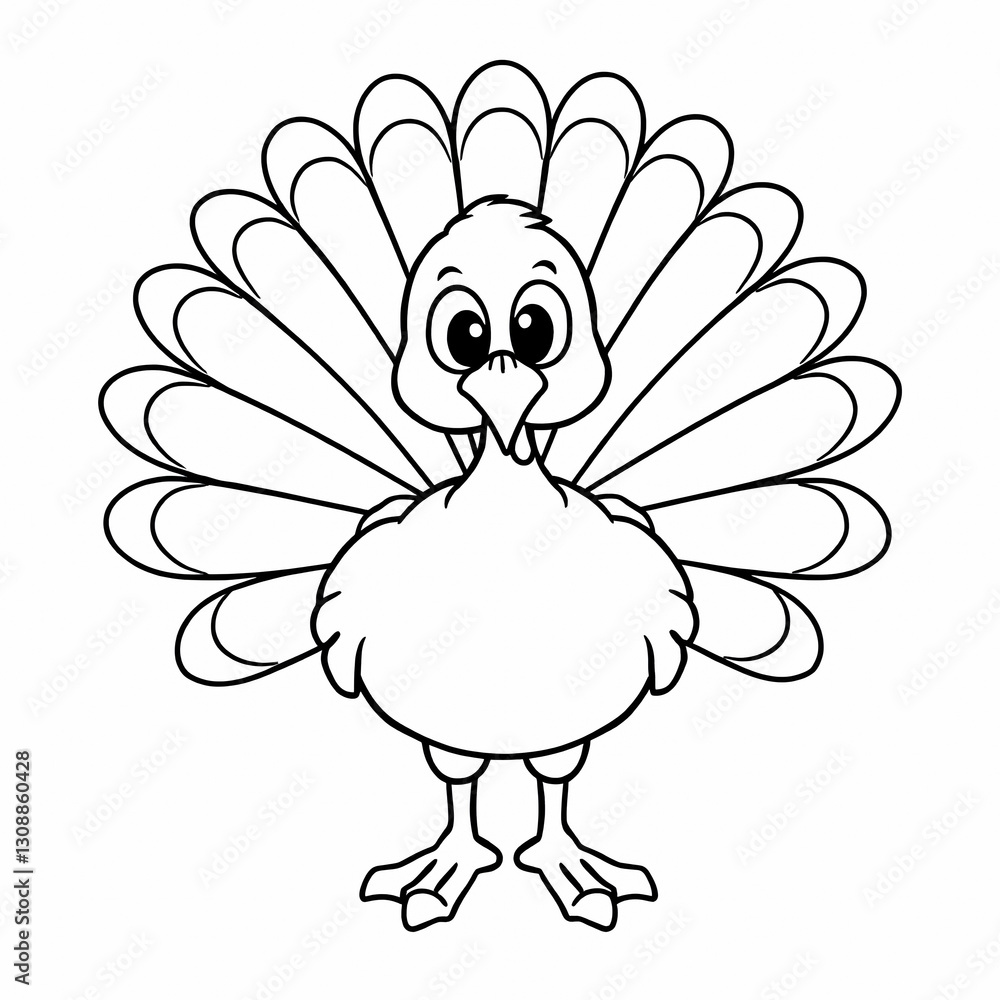 Cartoon Turkey Thanksgiving Illustration Cute Bird Character Wide-Eyed Feathered Tail Black and White Line Drawing Coloring Book Cartoon Turkey Thanksgiving Illustration Cute Bird Character Wide-Eyed Feathered Tail Black and White Line Drawing Coloring Book