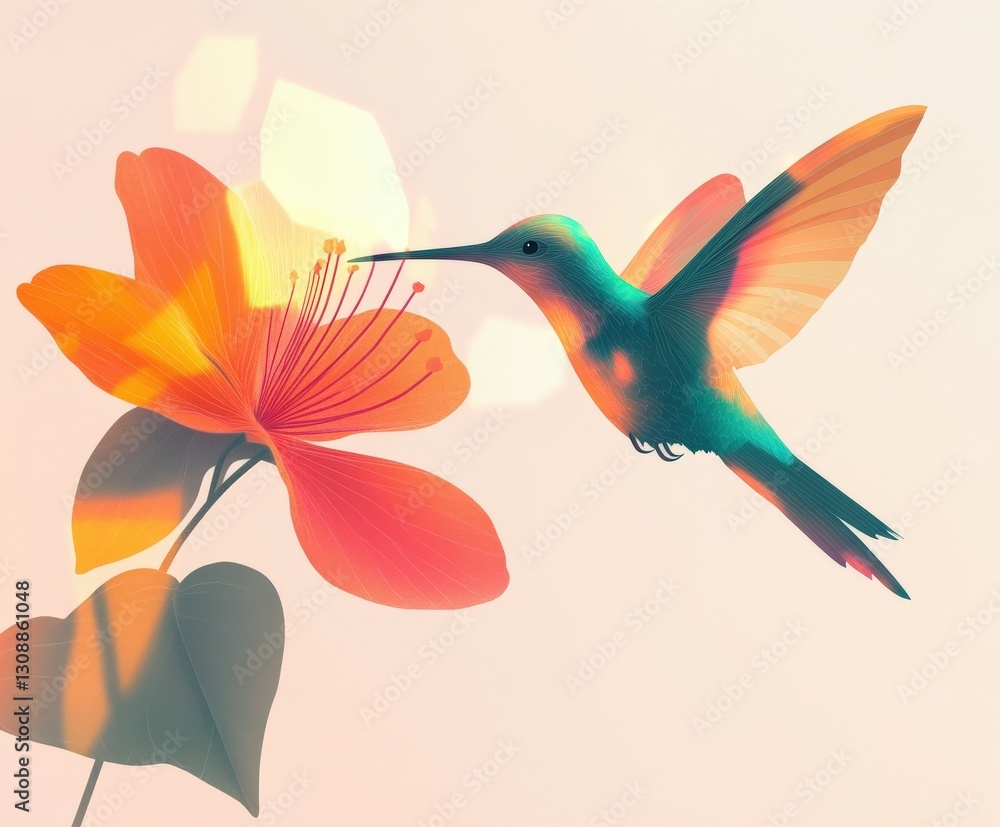 Fototapeta premium Hummingbird feeding on vibrant flower during golden hour