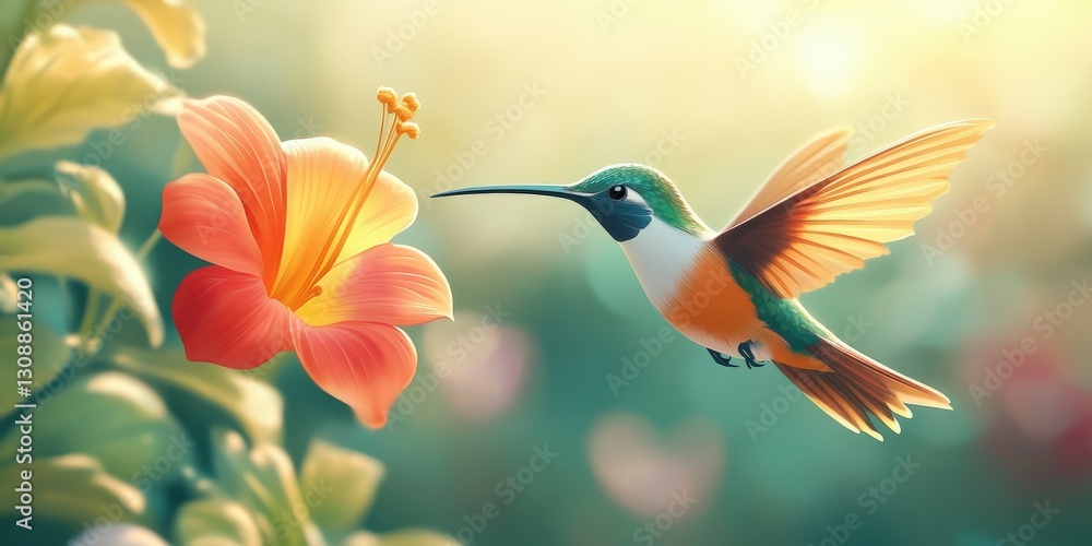 Fototapeta premium Hummingbird hovering near vibrant hibiscus flower
