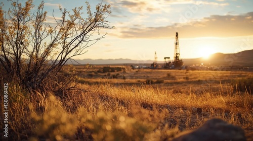 The sun sets behind oil drilling rigs in a dry landscape filled with grass and sagebrush, casting warm hues across the sky and illuminating the rugged terrain