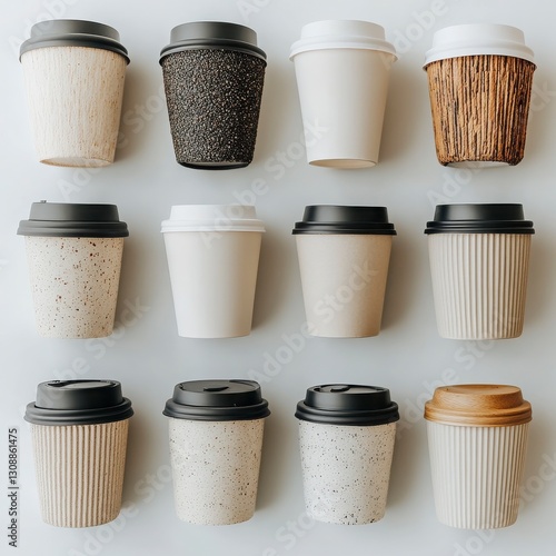 Wallpaper Mural Twelve assorted disposable coffee cups arranged in a grid, showcasing various designs and colors for a modern, aesthetic presentation. Torontodigital.ca