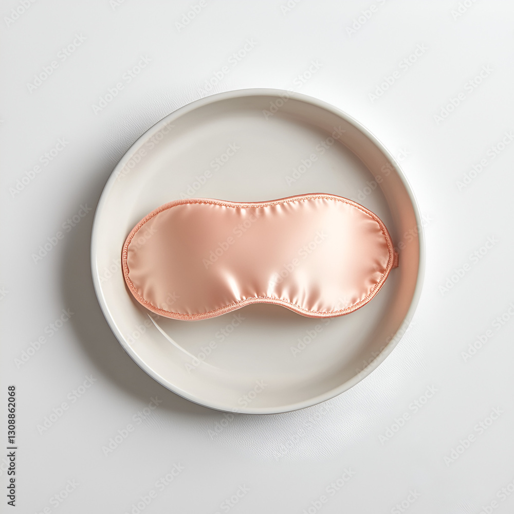 Fototapeta premium A peach sleep mask sits neatly centered on a round, neutral-colored plate, set against a bright white backdrop.