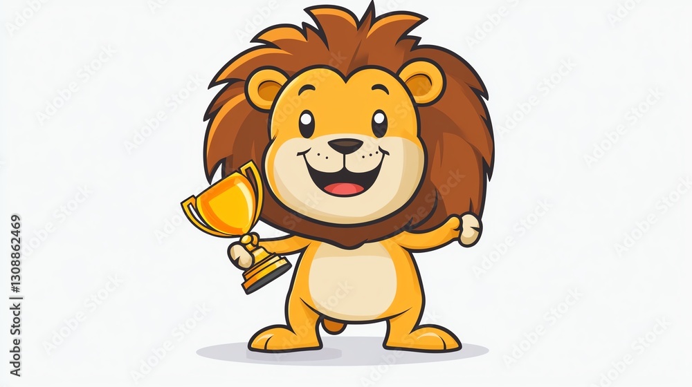 A cheerful cartoon lion proudly holds a trophy, symbolizing victory and success, with a friendly expression. A cheerful cartoon lion proudly holds a trophy, symbolizing victory and success, with a friendly expression.
