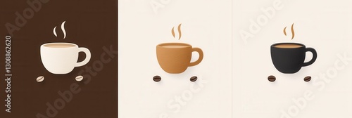 Elegant minimalist coffee cup logo design featuring steam lines and scattered coffee beans in warm brown and beige tones photo