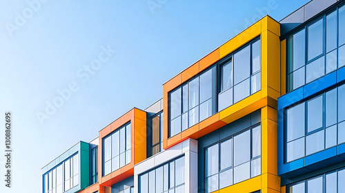 Modern Colorful Building Facade with Geometric Windows and Bright Blue Sky