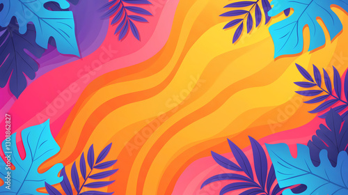 Vibrant Abstract Tropical Leaf Illustration with Colorful Flowing Background

