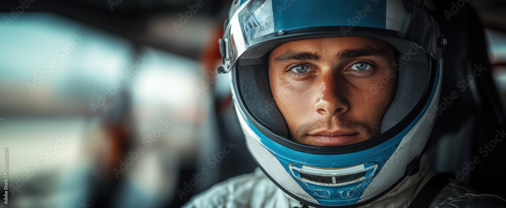 Close-up of a race car driver wearing a helmet, focused and ready for action inside a vehicle. Close-up of a race car driver wearing a helmet, focused and ready for action inside a vehicle.
