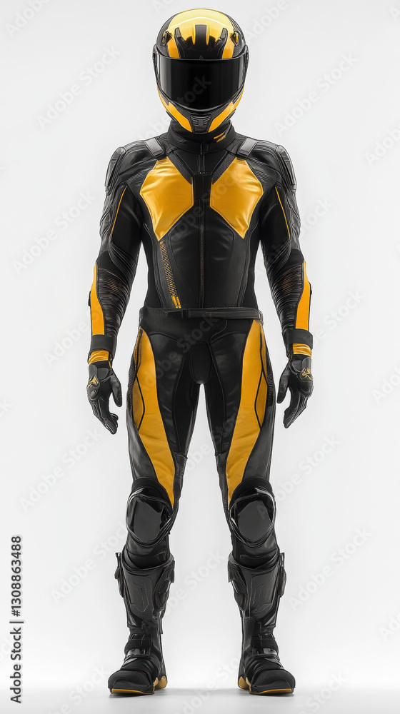 Person in a black and yellow futuristic motorcycle suit with helmet, standing in a studio setting. Person in a black and yellow futuristic motorcycle suit with helmet, standing in a studio setting.
