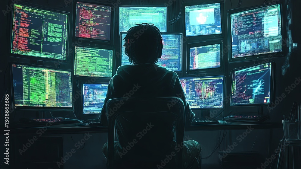 A person sits in front of multiple glowing computer screens displaying data, creating a high-tech, immersive atmosphere. A person sits in front of multiple glowing computer screens displaying data, creating a high-tech, immersive atmosphere.