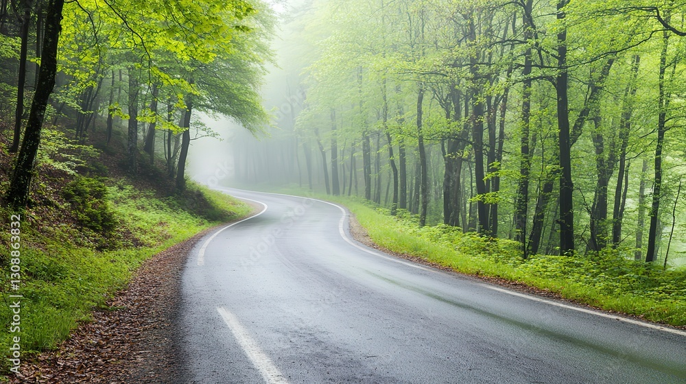 Obraz premium Foggy road disappearing into forest, soft diffused light, cool gray and green hues, mist covering trees, and mysterious quiet atmosphere, side angle shot.