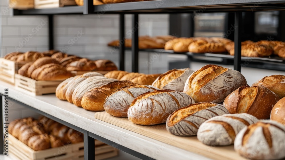 Freshly Baked Artisan Bread Displayed on Wooden Shelves in Modern Bakery Setting Freshly Baked Artisan Bread Displayed on Wooden Shelves in Modern Bakery Setting