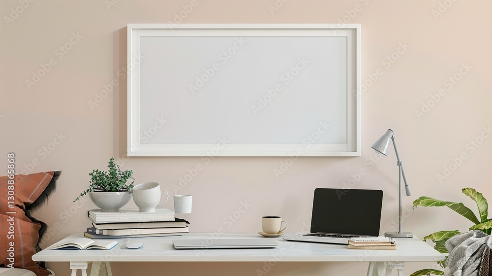 A white rectangular frame above a small desk in a bedroom, surrounded by a cup, a laptop, and a few books. HD 8K white mockup wallpaper Photographic Image
A white rectangular frame above a small desk in a bedroom, surrounded by a cup, a laptop, and a few books. HD 8K white mockup wallpaper Photographic Image