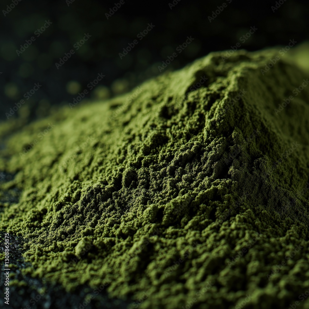 Obraz premium Moringa powder in a close-up view revealing its vibrant green color