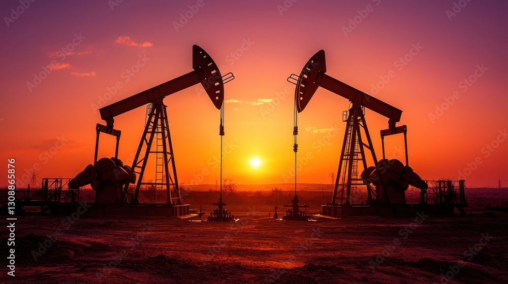 Pump jacks work diligently during sunset in a vast oil field, silhouetted against vibrant colors. The scene highlights the contrast between industry and nature's beauty Pump jacks work diligently during sunset in a vast oil field, silhouetted against vibrant colors. The scene highlights the contrast between industry and nature's beauty