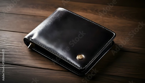 Black Leather Wallet on a Wooden Table with Golden Button Close Up