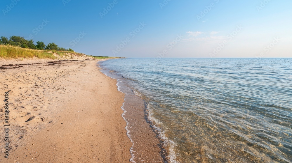 Obraz premium A serene sandy beach stretches along the shoreline, meeting calm waters. The sun shines brightly, creating a peaceful atmosphere ideal for relaxation and enjoyment