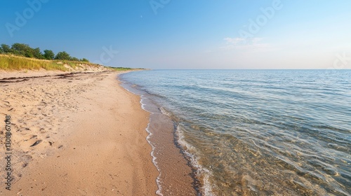 Wallpaper Mural A serene sandy beach stretches along the shoreline, meeting calm waters. The sun shines brightly, creating a peaceful atmosphere ideal for relaxation and enjoyment Torontodigital.ca