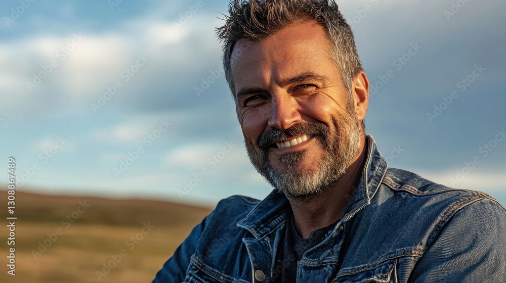 A man with a well-groomed beard smiles joyfully while dressed in a denim jacket. The sun casts a warm glow over a scenic landscape, enhancing the moment A man with a well-groomed beard smiles joyfully while dressed in a denim jacket. The sun casts a warm glow over a scenic landscape, enhancing the moment