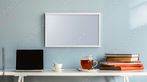 Wallpaper Mural A white rectangular frame above a small desk with a cup of tea, a laptop, and a pile of books in the living room. HD 8K white mockup wallpaper Photographic Image
 Torontodigital.ca