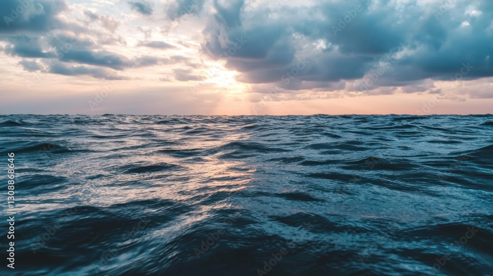 Φωτογραφία Waves gently roll across the water as the sun sets, casting vibrant hues against the clouds above