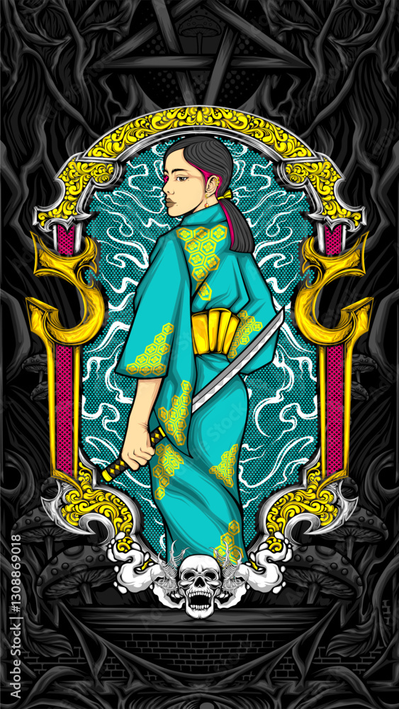 Fototapeta premium samurai girl illustration for t shirt design