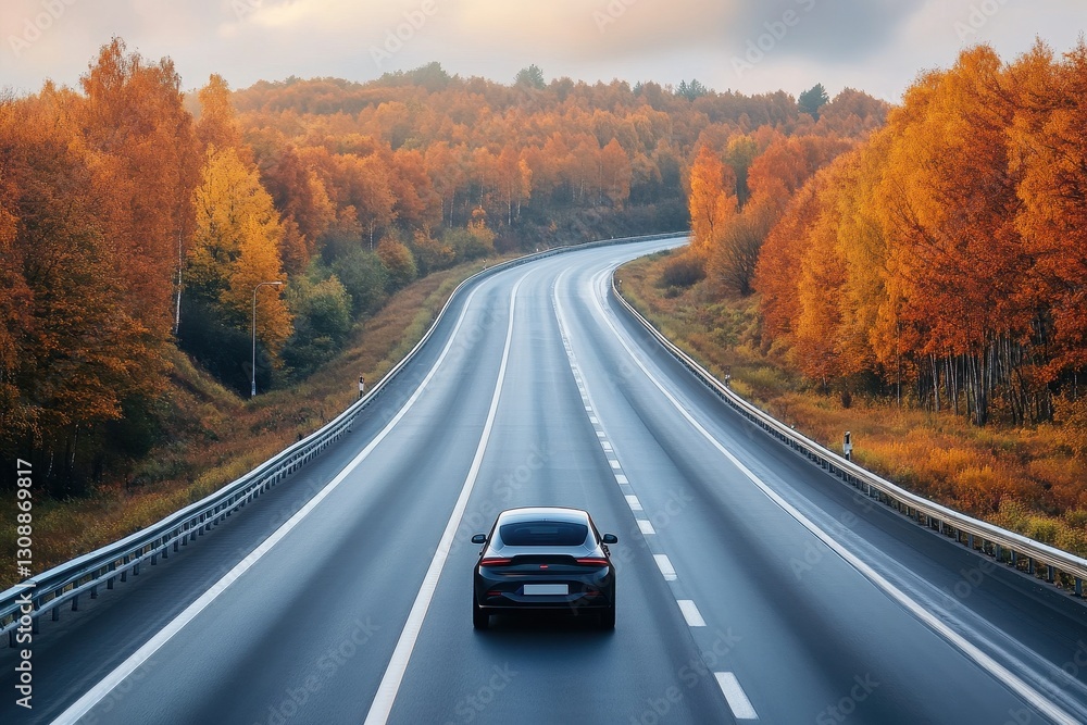 On a smooth highway, an autonomous car glides effortlessly, embraced by the beauty of autumn foliage On a smooth highway, an autonomous car glides effortlessly, embraced by the beauty of autumn foliage