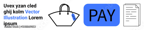 Shopping bag with tag, large pay button, and document icon signify online purchases, payment processing, financial management. Ideal for ecommerce, fintech, invoices, receipts transactions retail