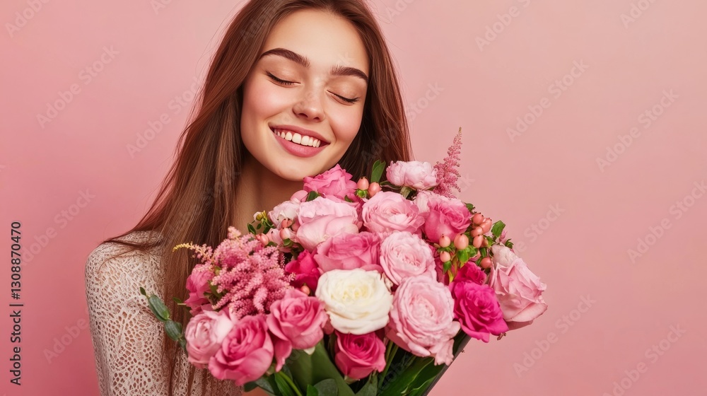 Close-up of a happy Caucasian woman holding a beautiful bouquet of flowers, expressing love and joy. Isolated on a warm brown background with soft lighting, capturing emotions of happiness and romance Close-up of a happy Caucasian woman holding a beautiful bouquet of flowers, expressing love and joy. Isolated on a warm brown background with soft lighting, capturing emotions of happiness and romance