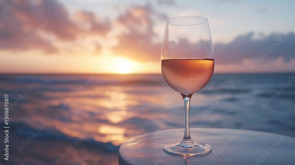 Glass of rosé on beach table during sunset, pastel hues, ocean waves in distance, soft reflections on glass, and serene summer mood, side angle shot. Glass of rosé on beach table during sunset, pastel hues, ocean waves in distance, soft reflections on glass, and serene summer mood, side angle shot.