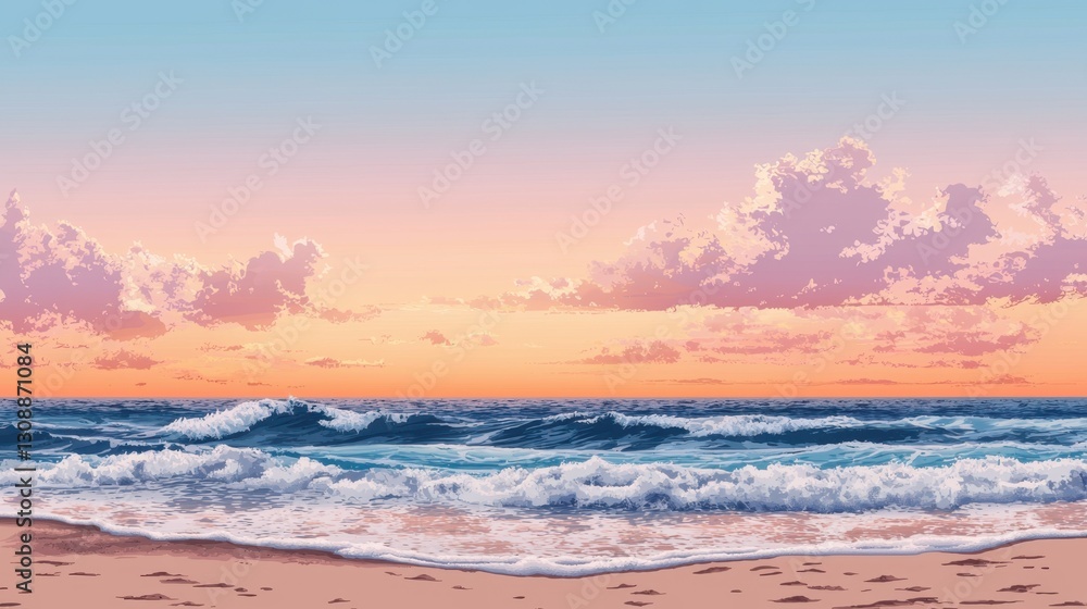 Fototapeta premium Colorful clouds fill the sky as the sun sets over calm ocean waves, creating a peaceful atmosphere on the beach during the evening hours
