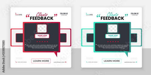 Modern clients feedback testimonial templete design with rectangular iconic red and green shape..