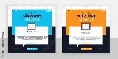 Modern clients feedback testimonial templete design with rectangular iconic blue and orange shape.