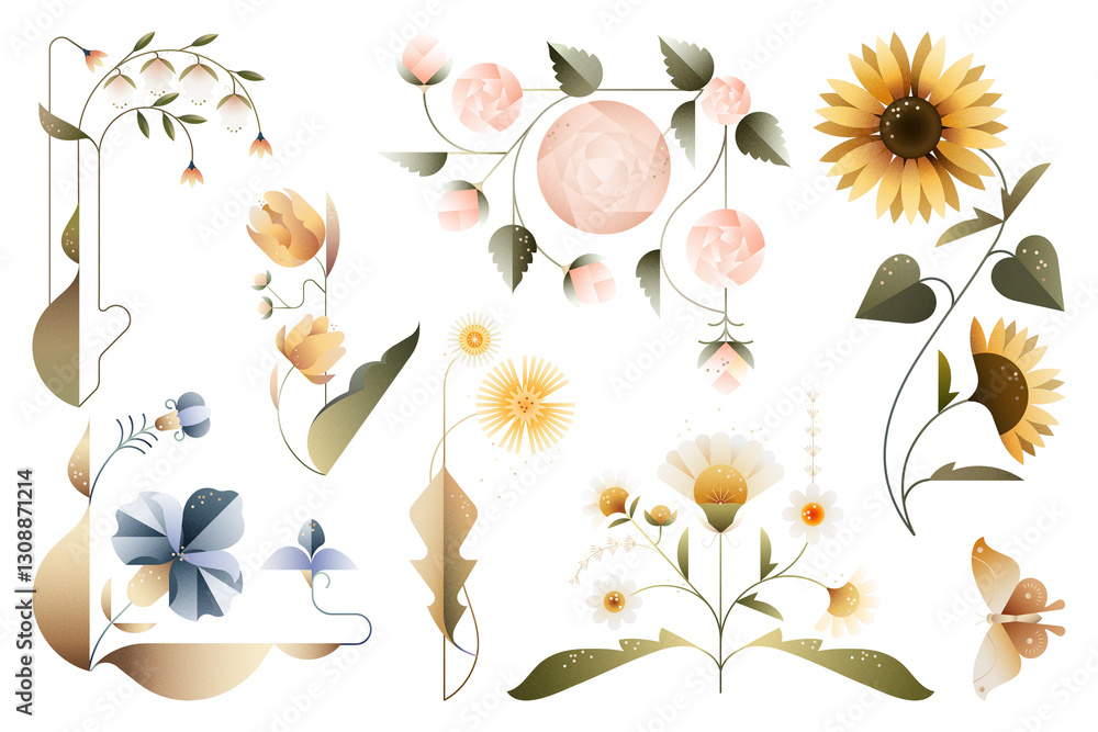 Fototapeta premium Png pastel geometric flowers illustration set, transparent background