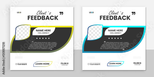 Modern clients feedback testimonial templete design with rounded iconic blue and yellow shape.